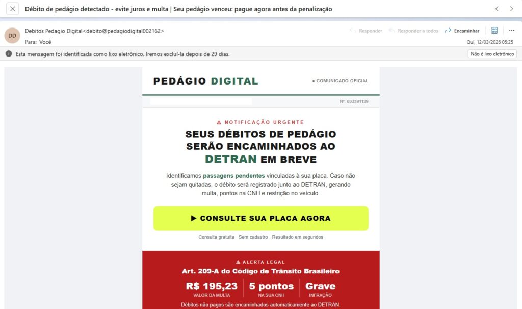 Exemplo de e-mail falso usado no golpe do pedágio digital